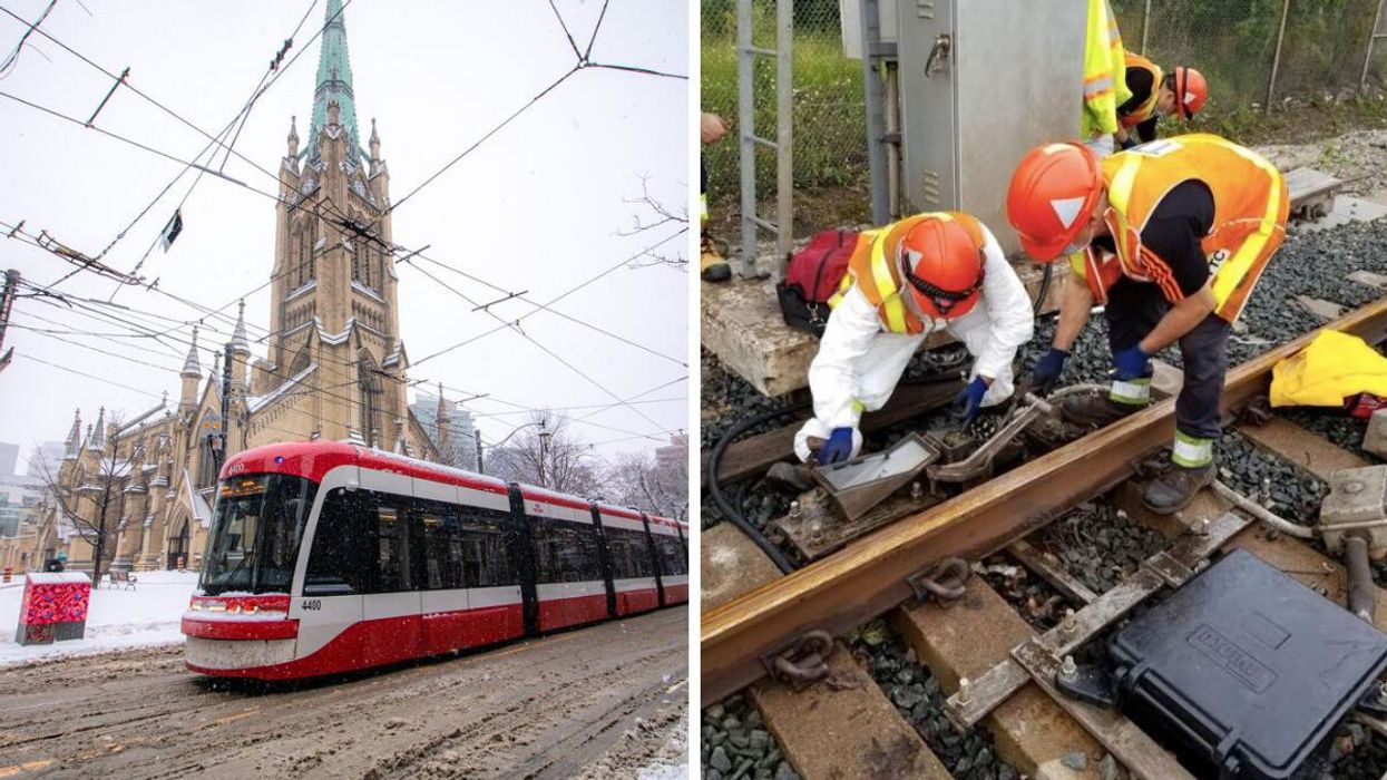 A TTC streetcar during the winter. Right: TTC workers on the tracks.
