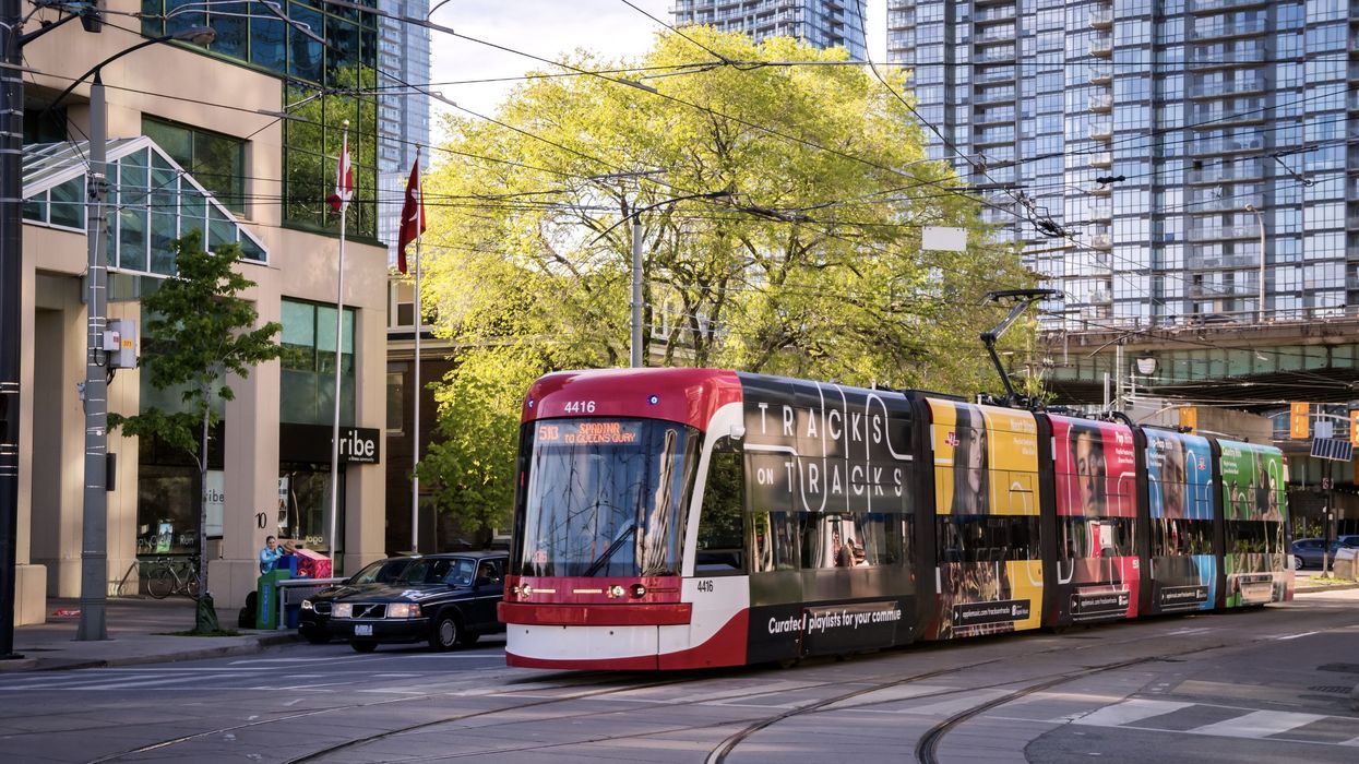 A TTC streetcar moving along the Spadina Avenue in Toronto.
