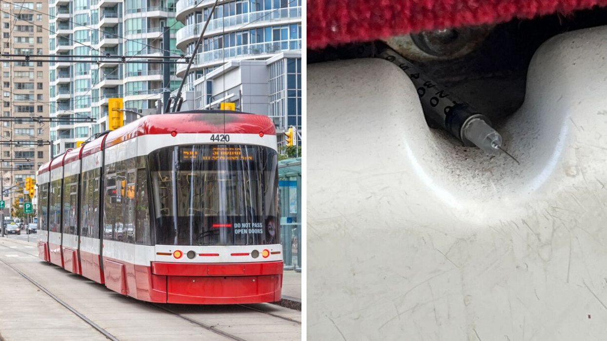 A TTC streetcar. Right: A syringe found on a TTC streetcar.