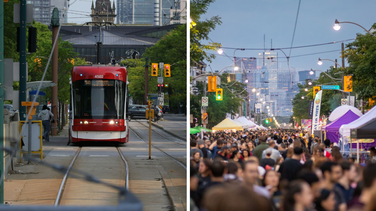 A TTC streetcar. Right: People at Do West Fest in 2023.
