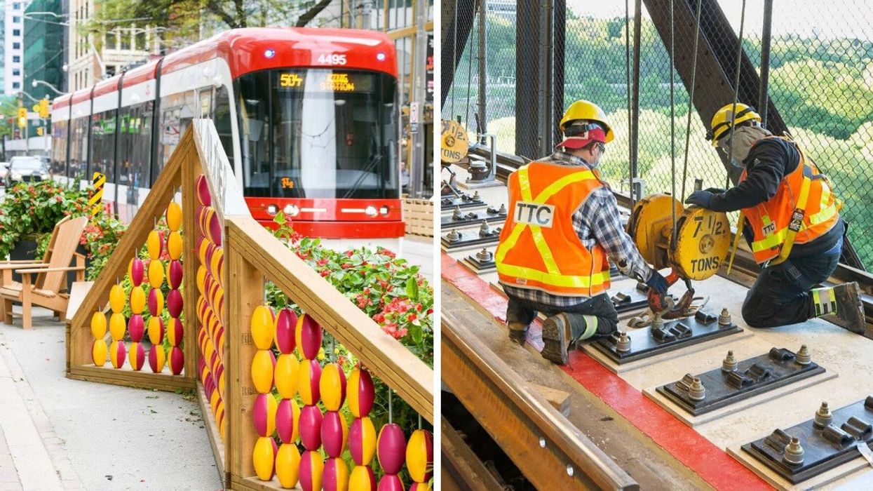 A TTC streetcar. Right: Workers on some subway tracks