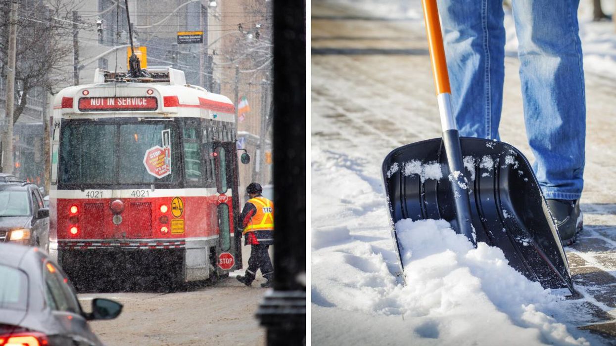 A TTC streetcar with flurries. Right: A black shovel in the snow.