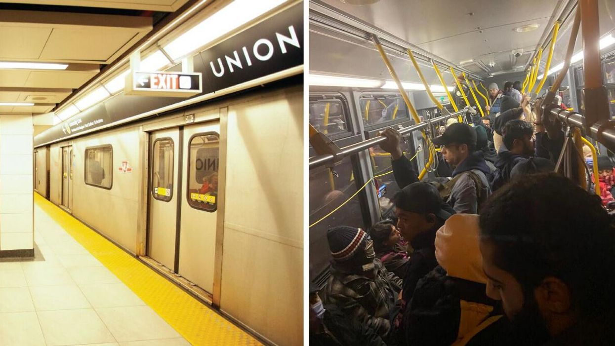 A TTC subway at Union Station. Right: A crowded TTC bus.