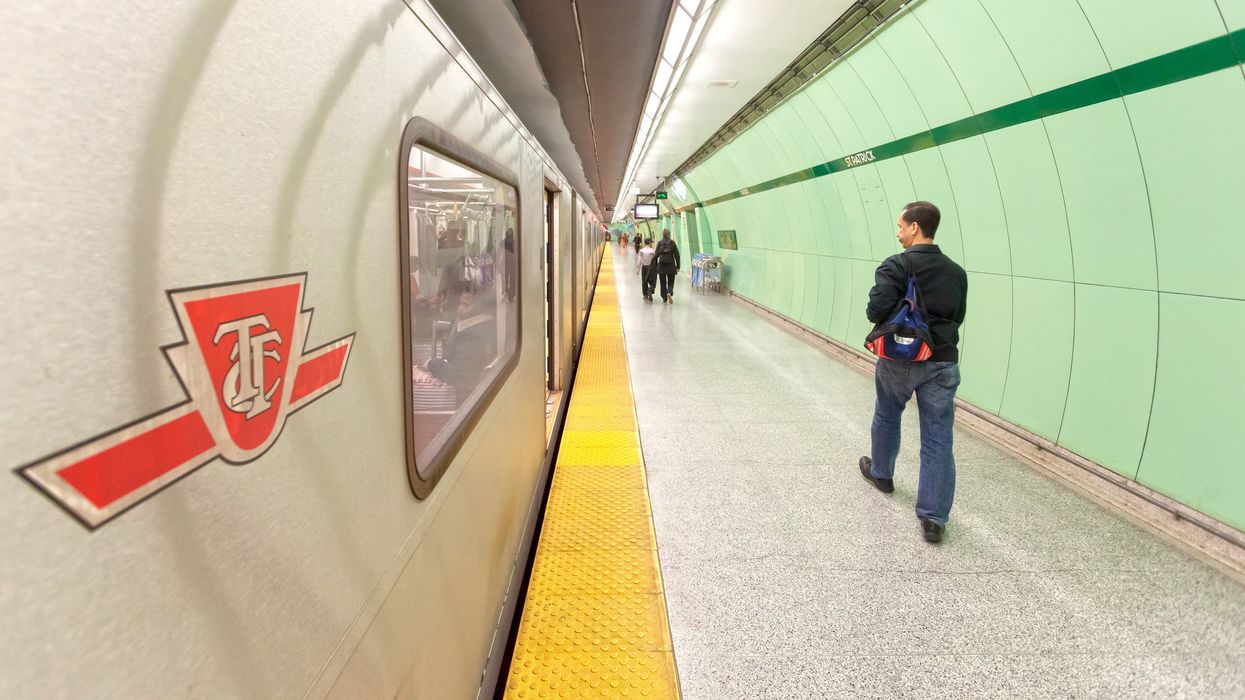 A TTC subway car arrives at the platform of St. Patrick station in Toronto.