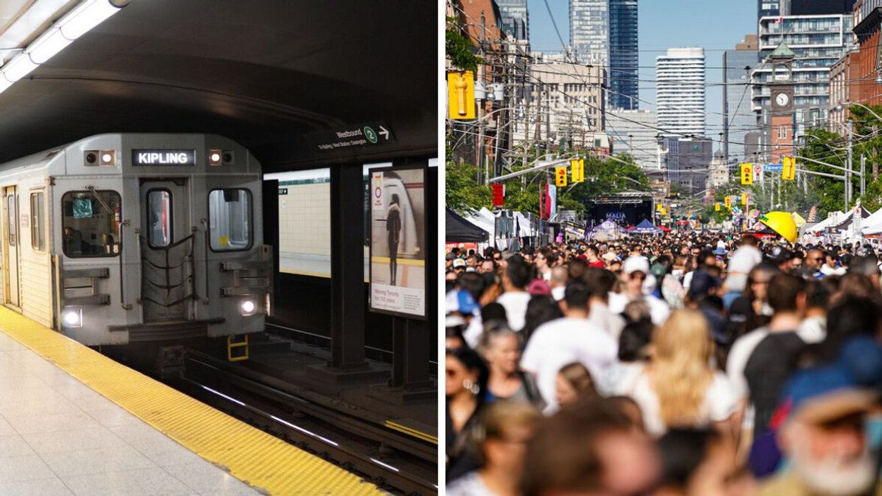 A TTC subway car. Right: Thousands of people at the Taste of Little Italy street festival on College Street in Toronto.to