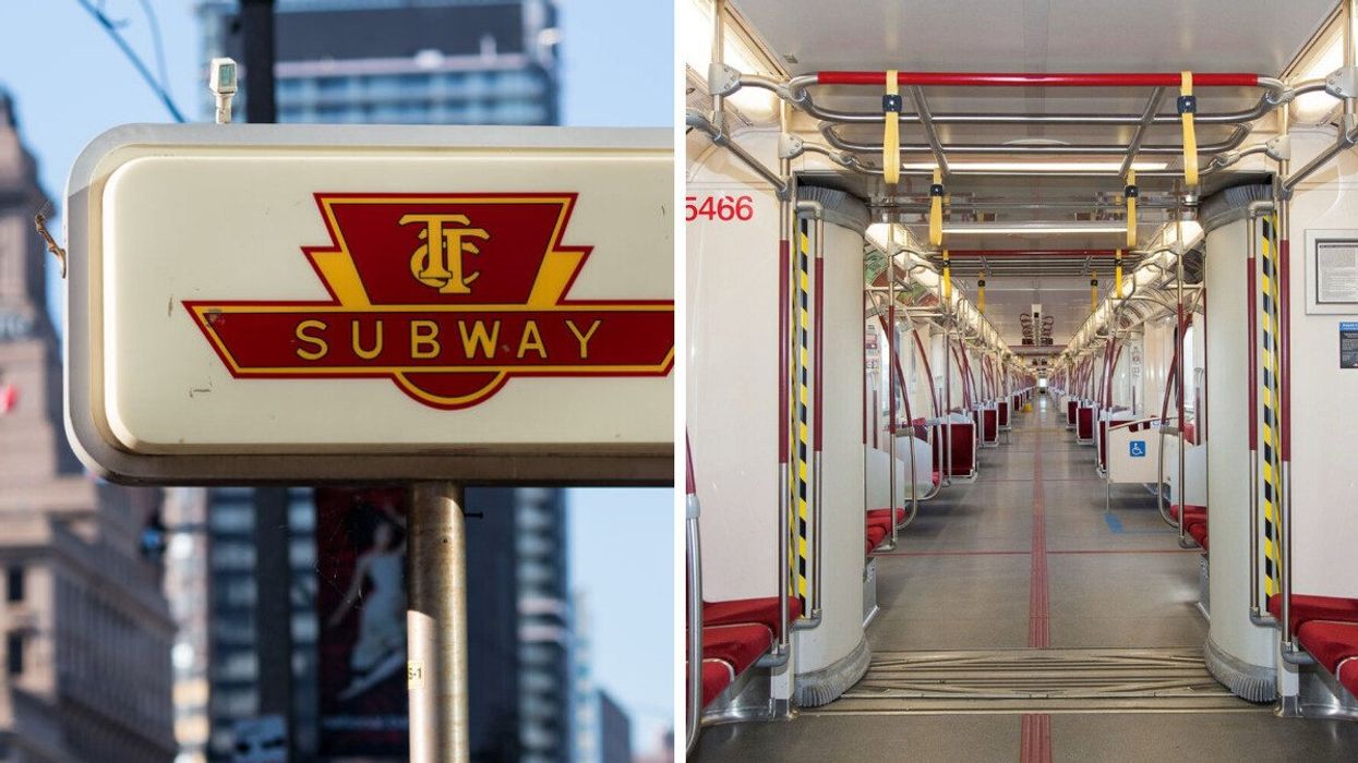A TTC Subway sign in downtown Toronto. Right: An empty TTC subway.