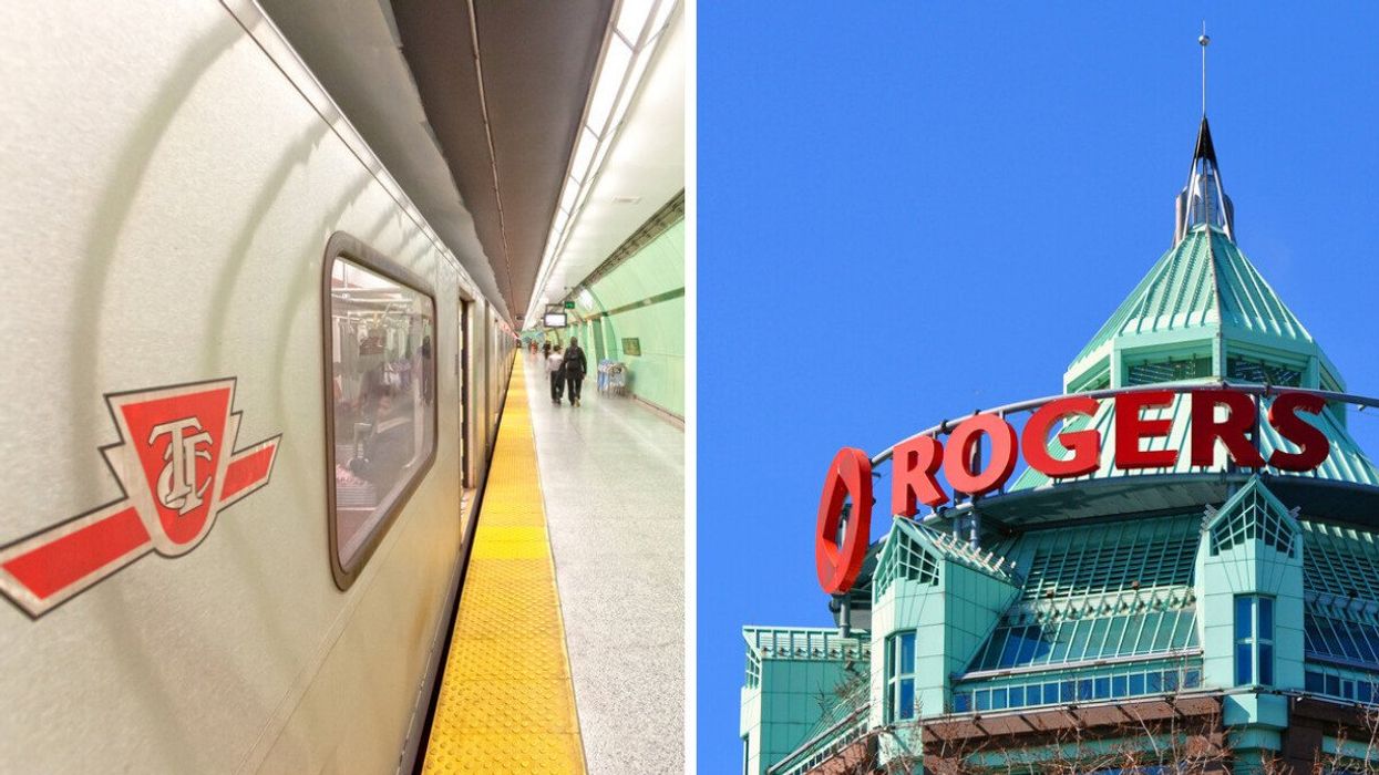 A TTC Subway stopped at a station. Right: The Rogers building in Toronto, Ontario.