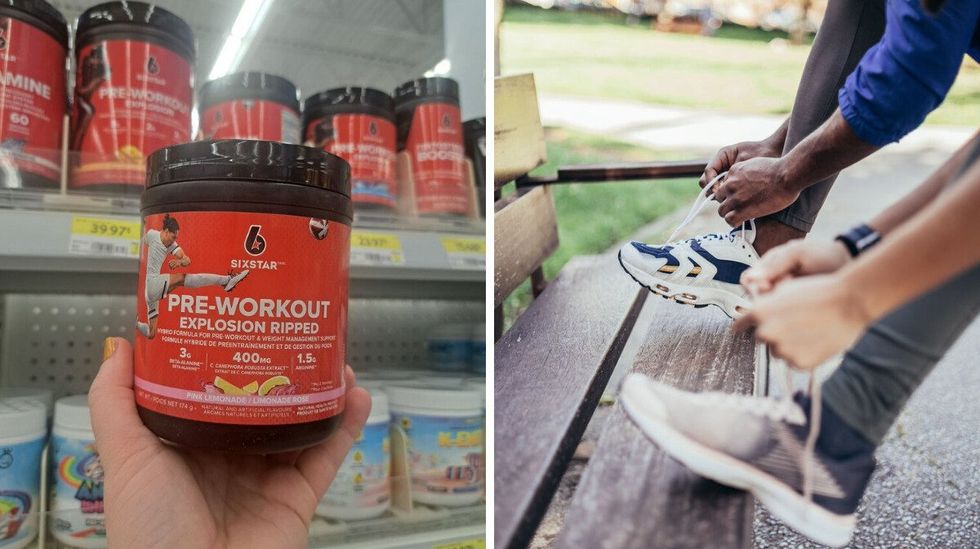 A tub of pre-workout mix at Walmart. Right: Two people lace up their shoes on a park bench.