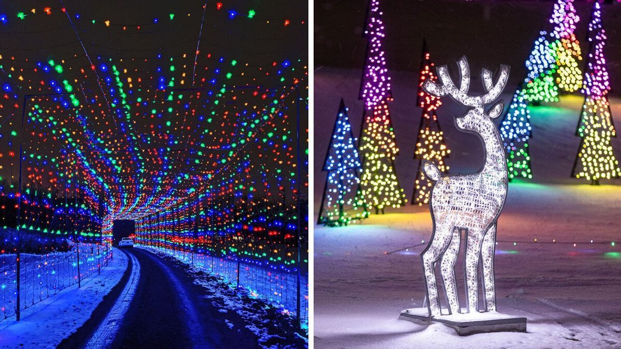 A tunnel of lights. Right: A Christmas display.