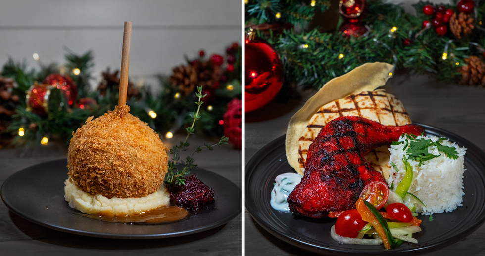 A turkey bal on a plate of mashed potatoes, gracy and cranberry sauce. Right: Red tandoori chicken with rice, naan and vegetables on a plate.
