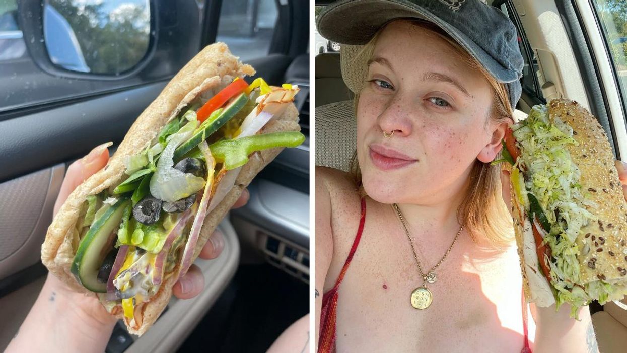 A turkey sub from Subway. Right: Maeve holding a sandwich from Publix. 