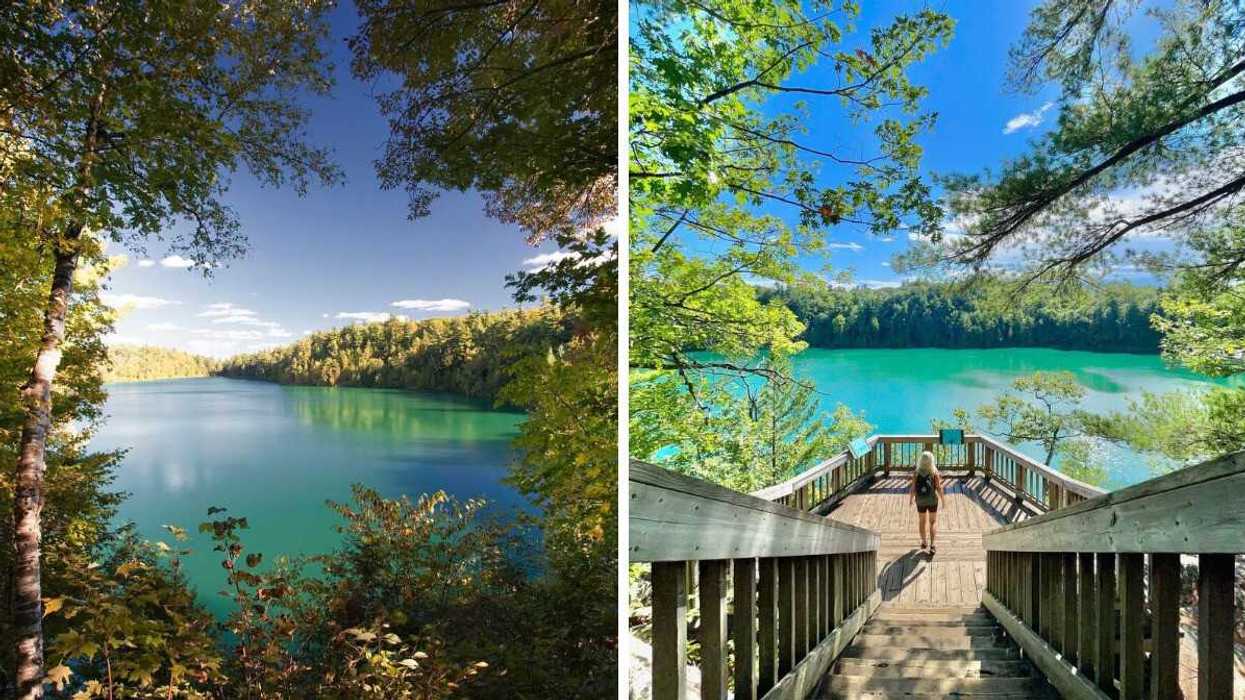 A turquoise lake near Ottawa. Right: A person walks on a boardwalk overlooking a turquoise lake.