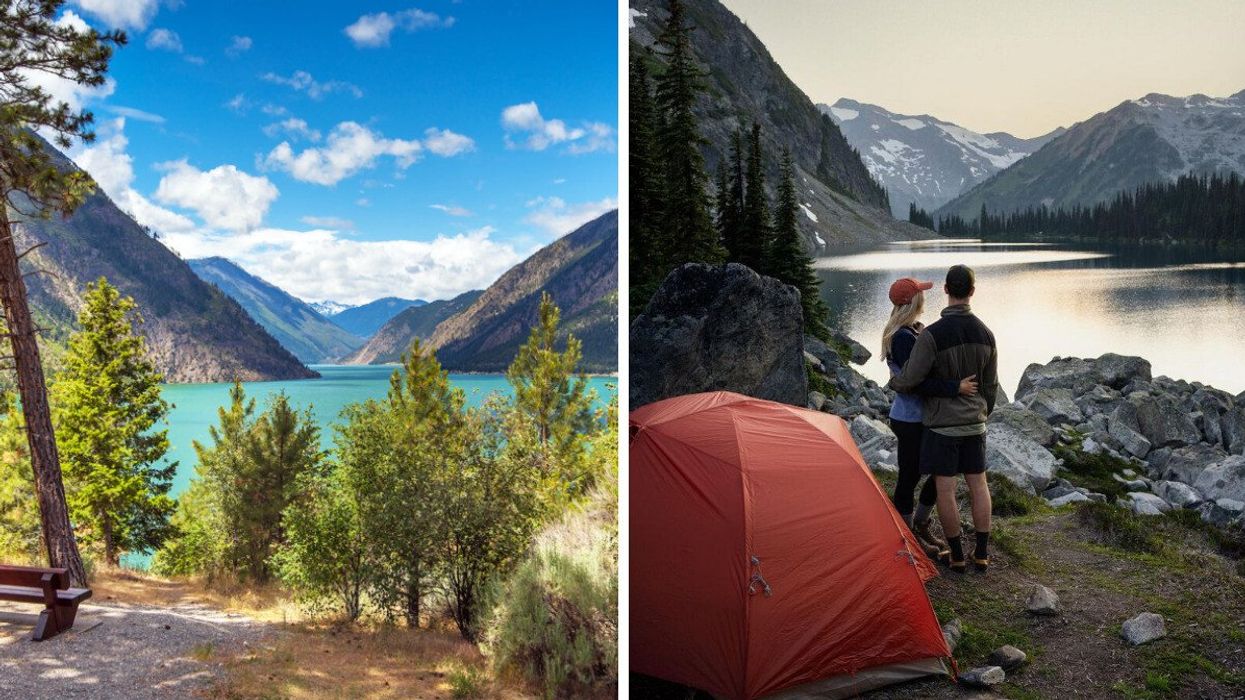 A turquoise lake surrounded by mountains and trees. Right: A couple embracing looking at the lake and standing next to a rent tent.