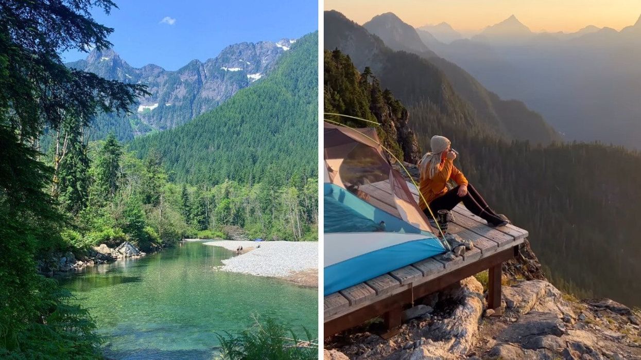 A turquoise lake with trees surrounding it. Right: A person sitting on a wooden plank next to a tent drinking coffee and looking at the mountains.