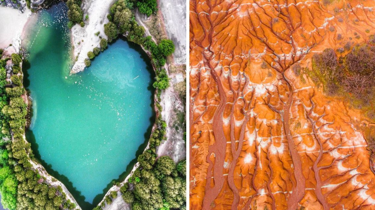 A turquoise swimming hole. Right: A bright orange landscape with rolling hills.