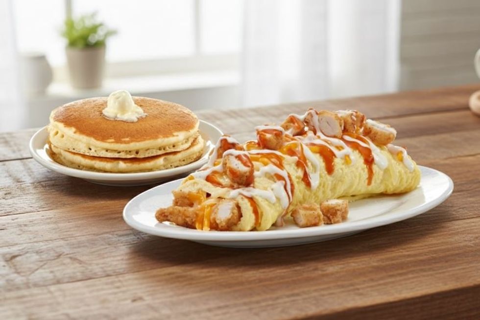 A two-stack of pancakes with butter on a plate and a buffalo chicken omelette on a plate.
