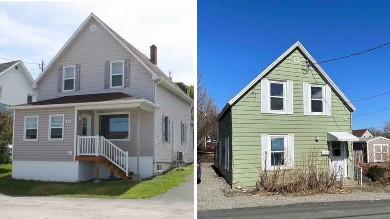 A two storey house with a walkup. Right: A two storey house that's green.