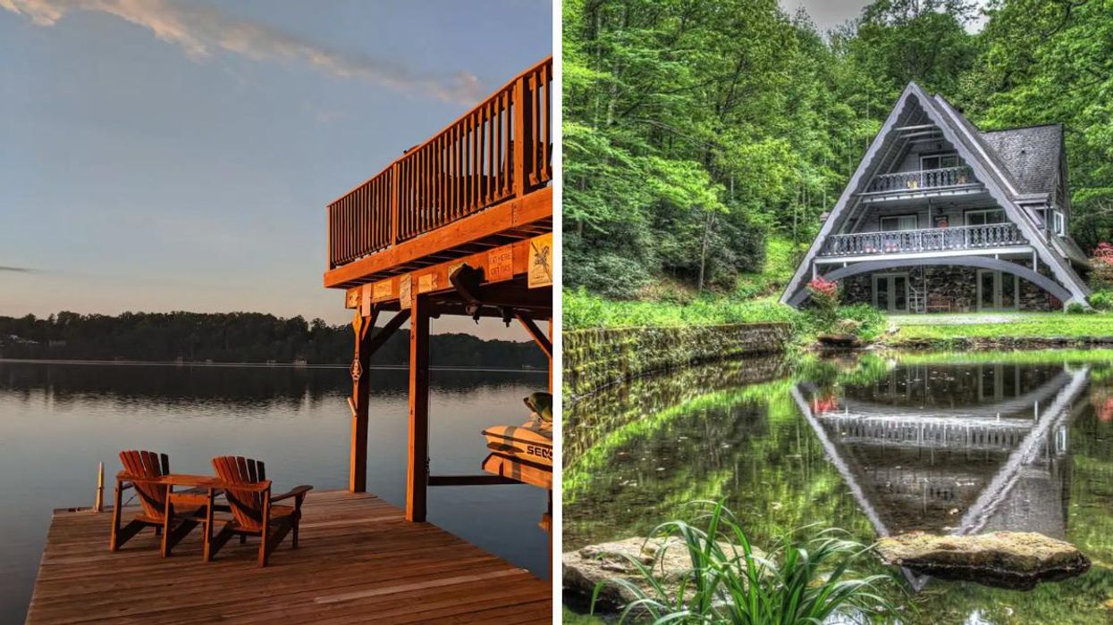 A two-story deck overlooking Lake Gaston. Right: A chalet on the water in the forest.