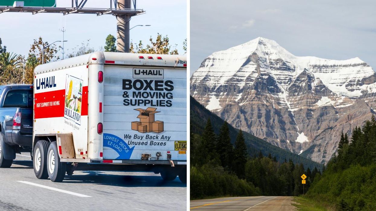 A U-Haul moving trailer. Right: A road in B.C.