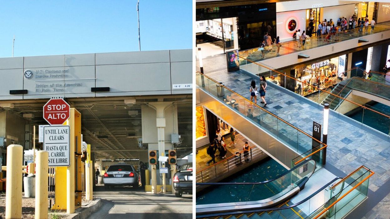 A U.S. border inspection station at an international bridge. Right: A shopping mall.