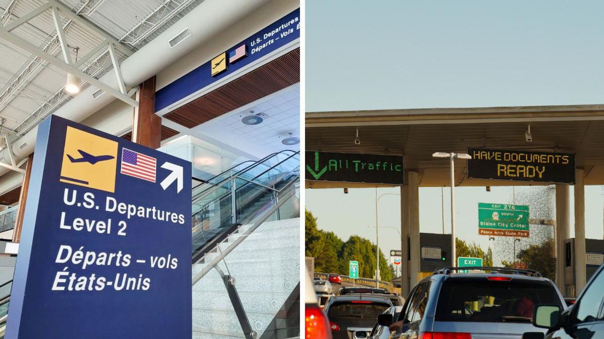 A U.S. departures sign at a Canadian airport. Right: Cars line up at the Canada-U.S. land border.