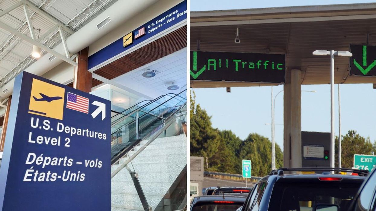 A U.S. departures sign at Halifax Airport. Right: Cars lining up at the Canada-U.S. land border.