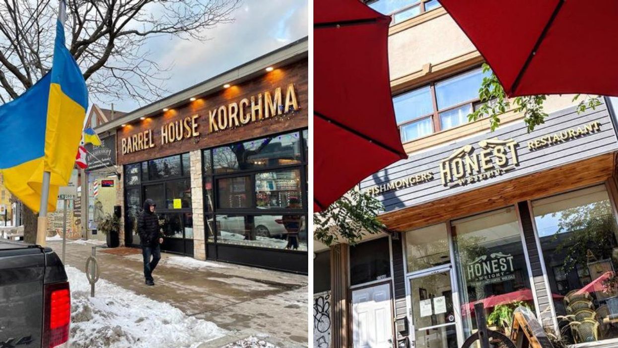 A Ukrainian flag flying outside Barrel House Korchma. Right: Honest Weight in Toronto.