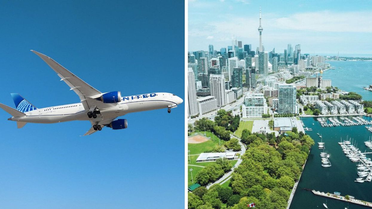 A United air plane is seen in the sky. Right: An aerial view of Toronto and the CN Tower.