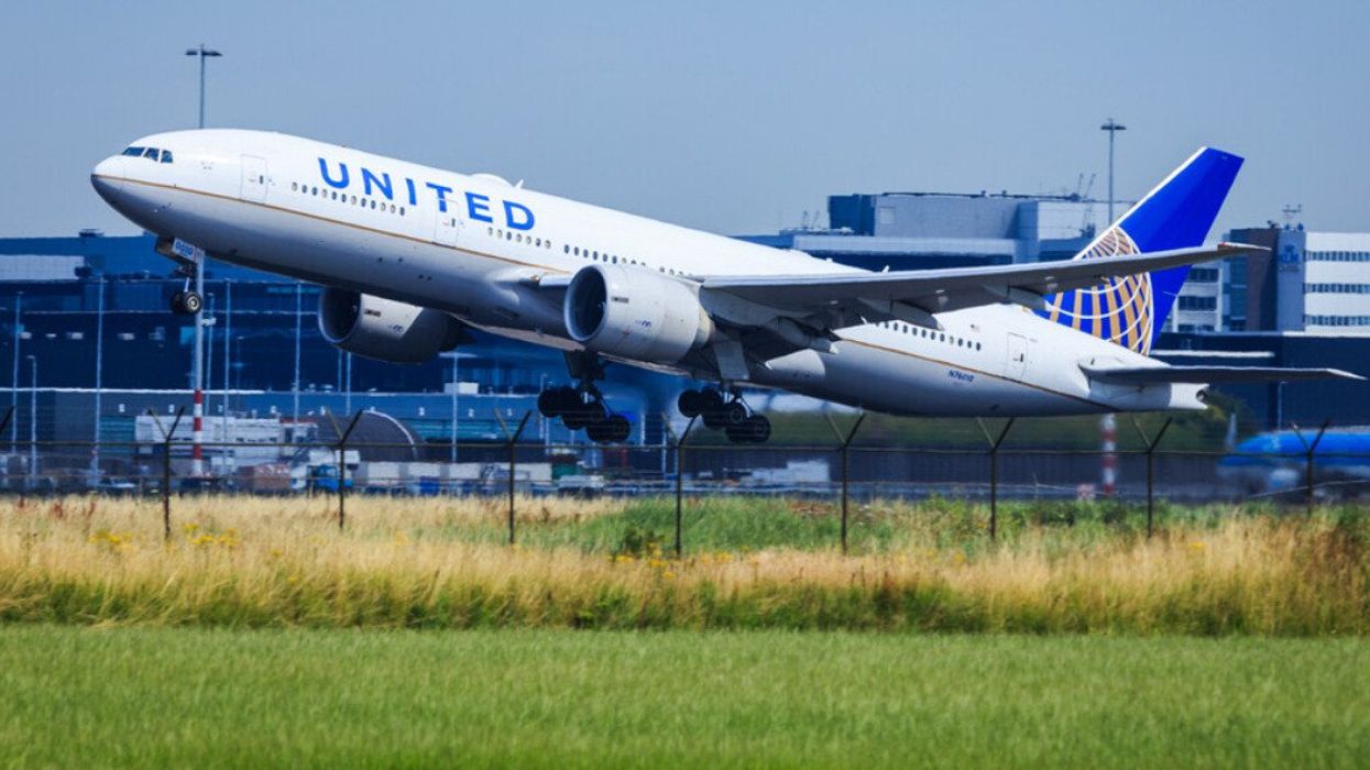 A United Airlines plane taking off.