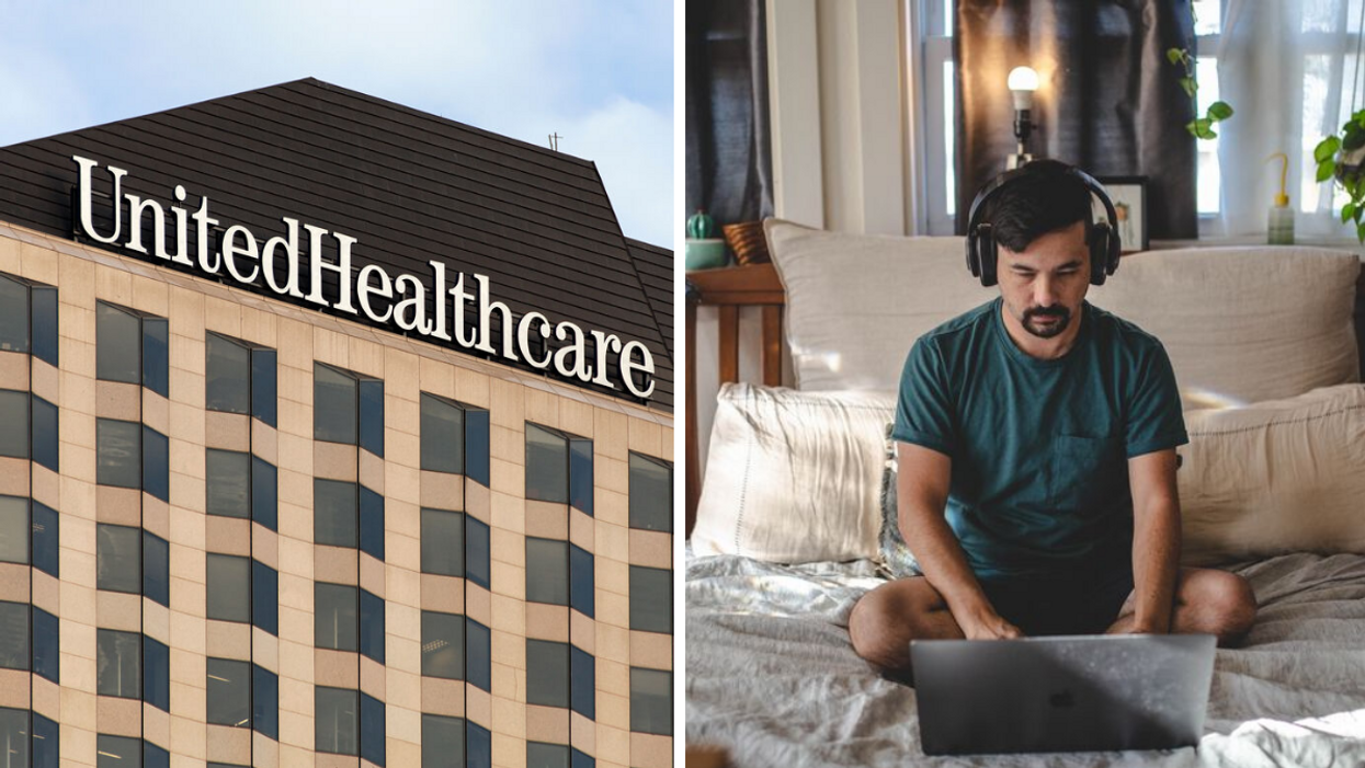 A UnitedHealthcare sign. Right: A man working from home.
