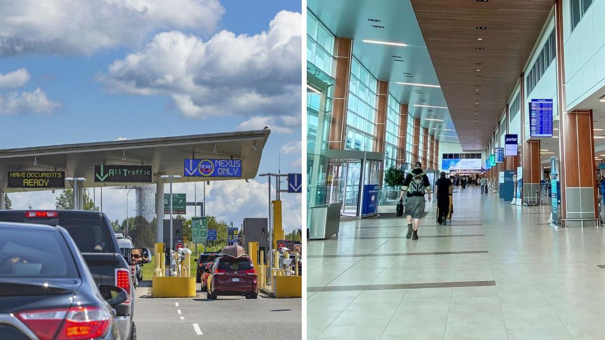 A US-Canada border crossing. Right: The Halifax airport.