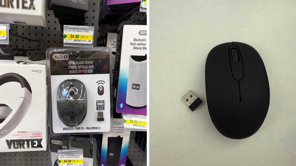 A USB computer mouse hanging on a store shelf. Right: The USB mouse on a table.