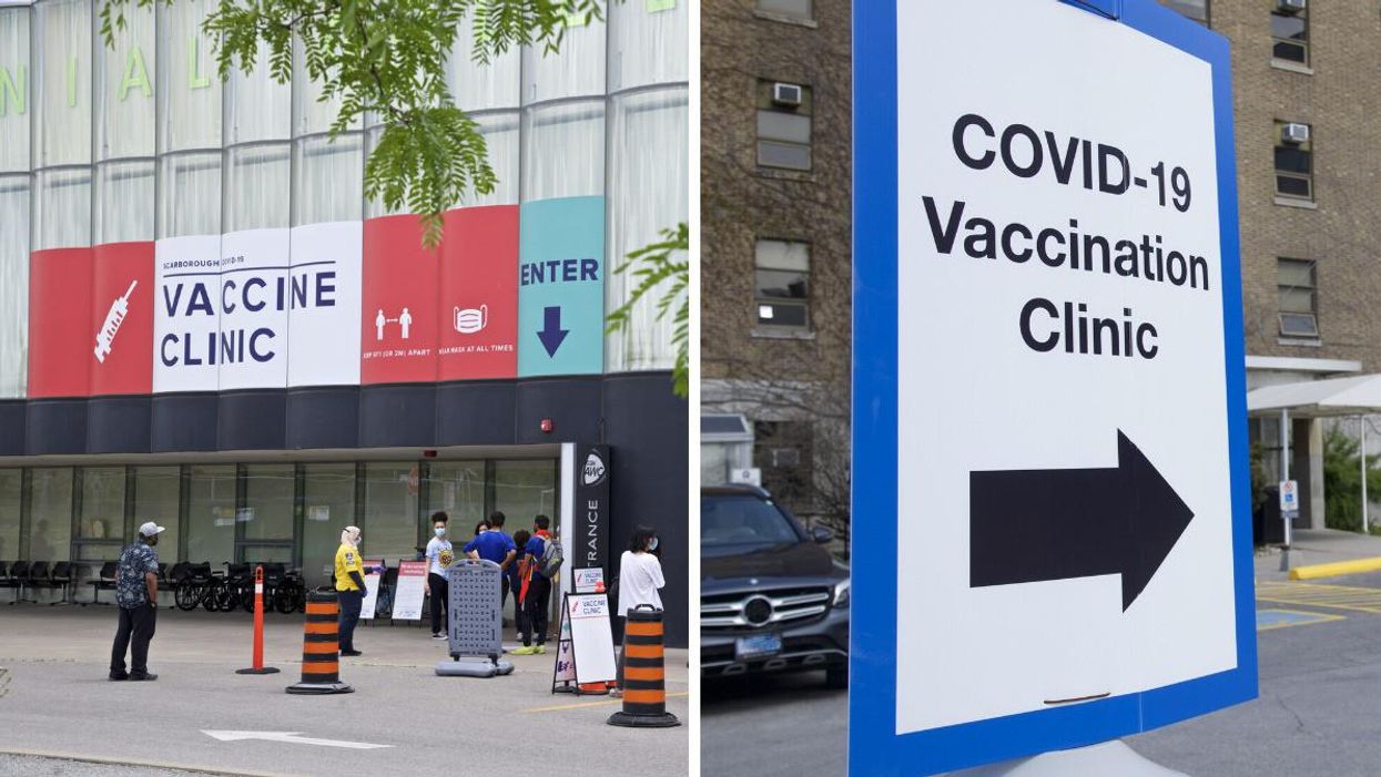 A vaccine clinic in Scarborough. Right: A sign for a vaccine clinic.