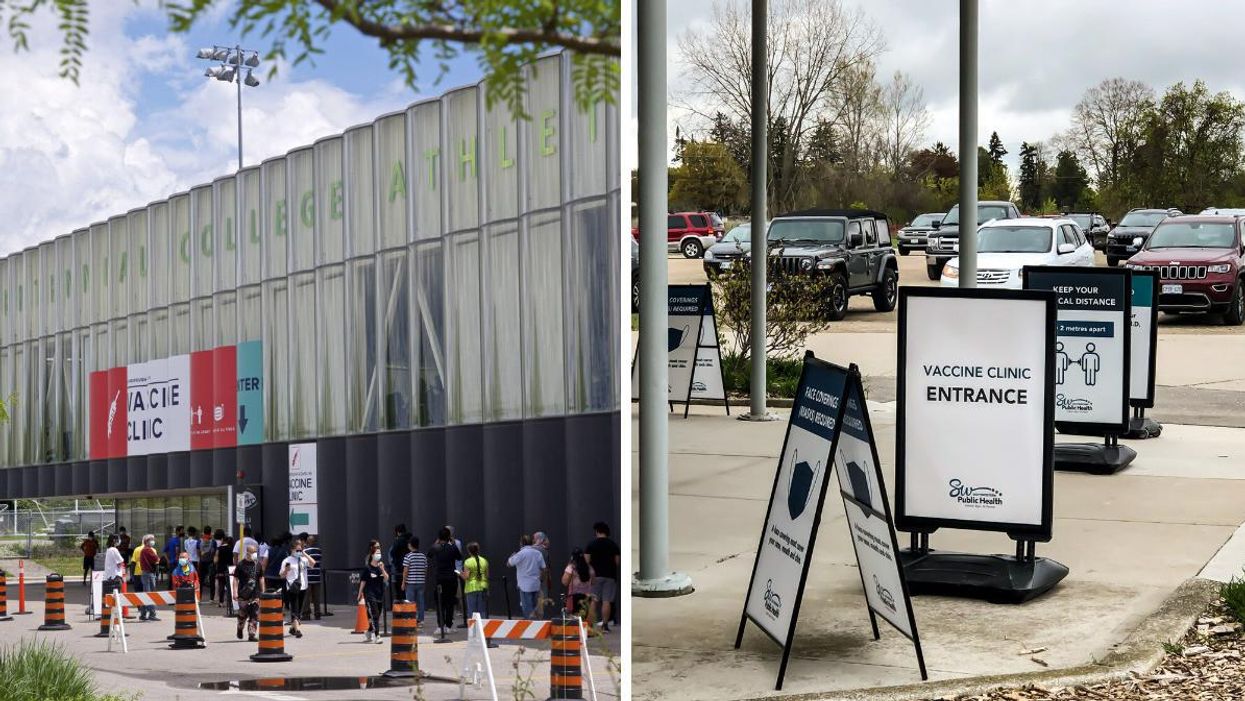 A vaccine clinic. Right: Signs in front of a vaccine clinic.