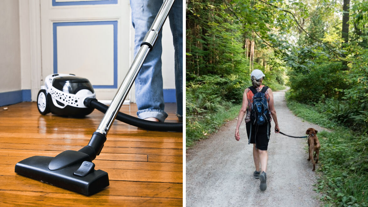 A vacuum cleaning the floor. Right: A woman walking a dog.