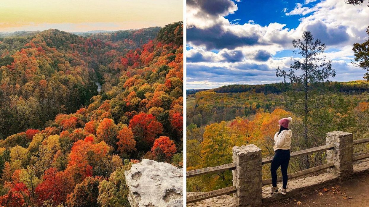 A valley of fall colours. Right: A person looking out over fall colours.