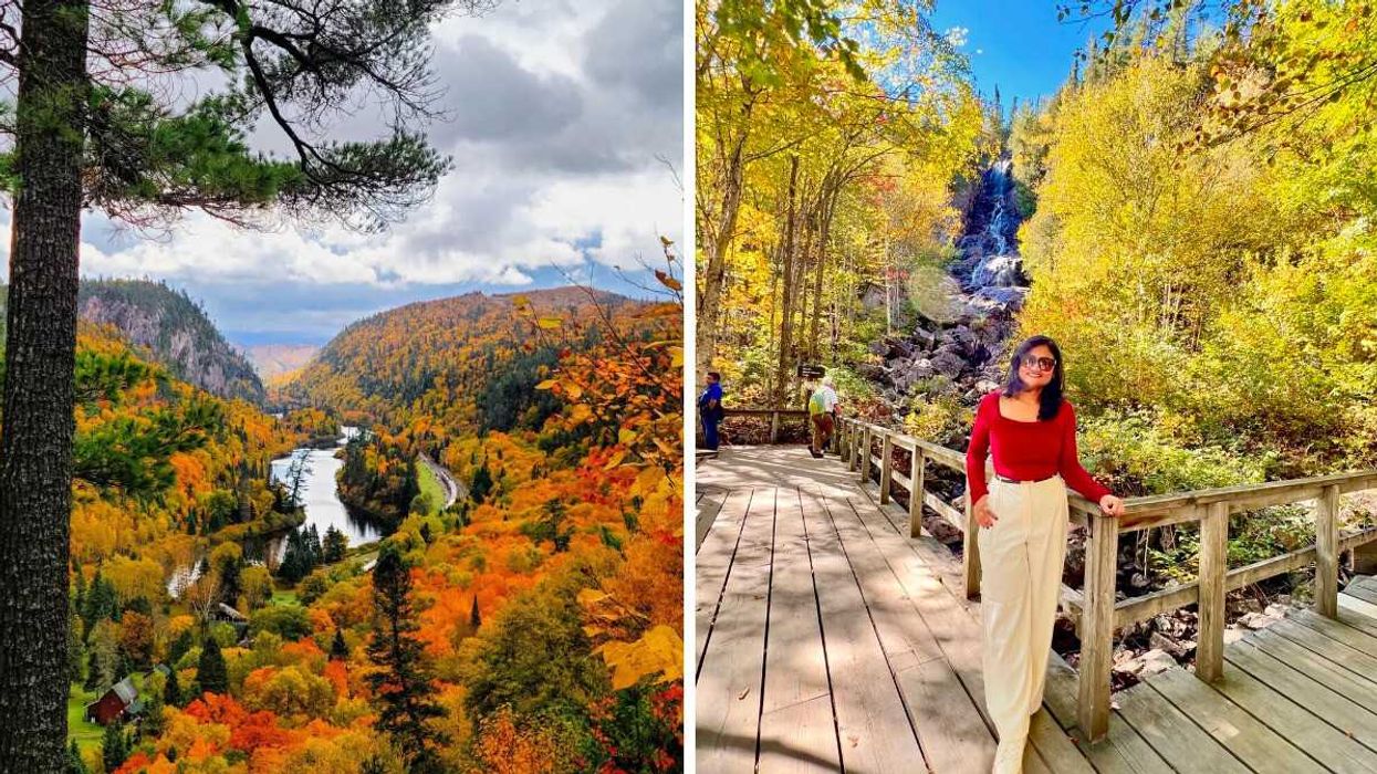 A valley of fall colours. Right: A person standing on a boardwalk by a waterfall.