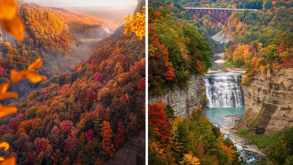 A valley of fall colours. Right: A waterfall surrounded by fall foliage.