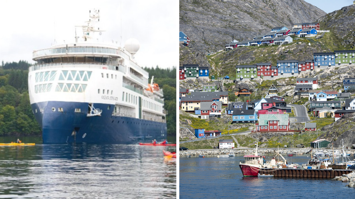 A Vantage cruise line ship. Right: Qaqortoq, Greenland.