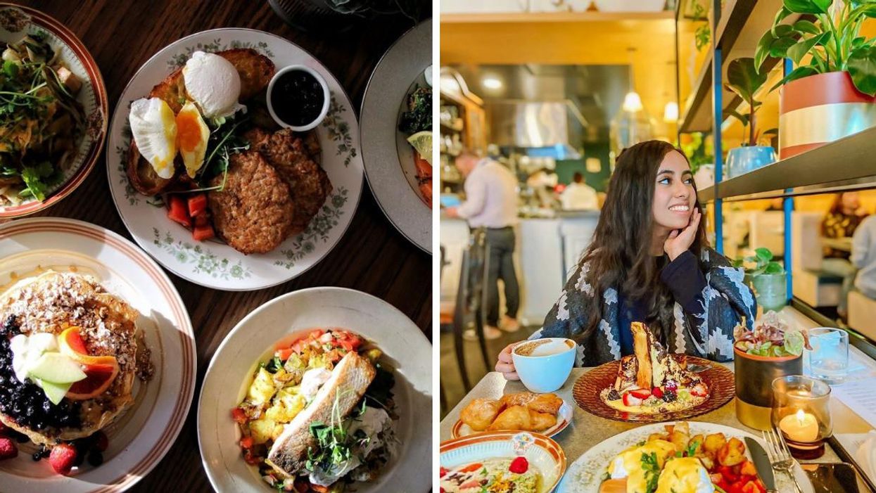 A variety of brunch meal options at Maven in Calgary. Right: A person eats at Maven in Calgary.