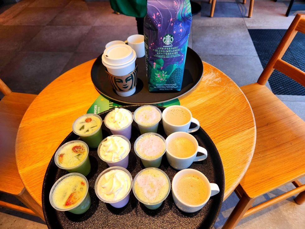 A variety of drinks at Starbucks.