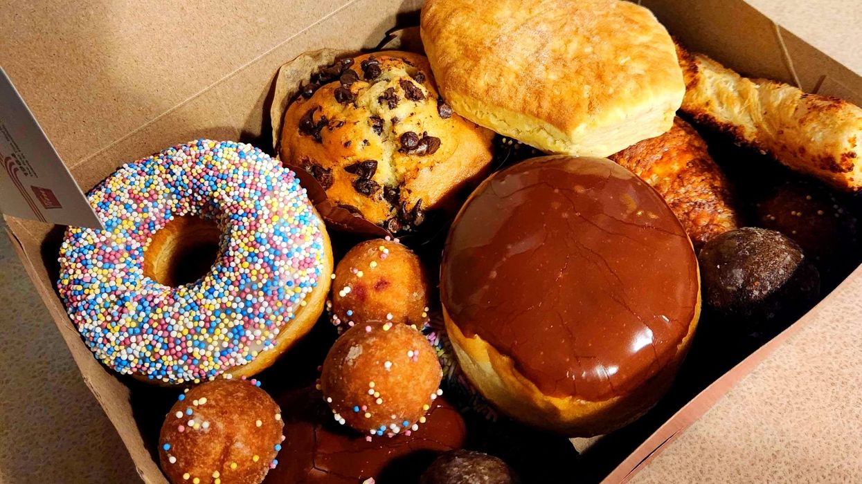 A variety of treats from Tim Hortons in a box.