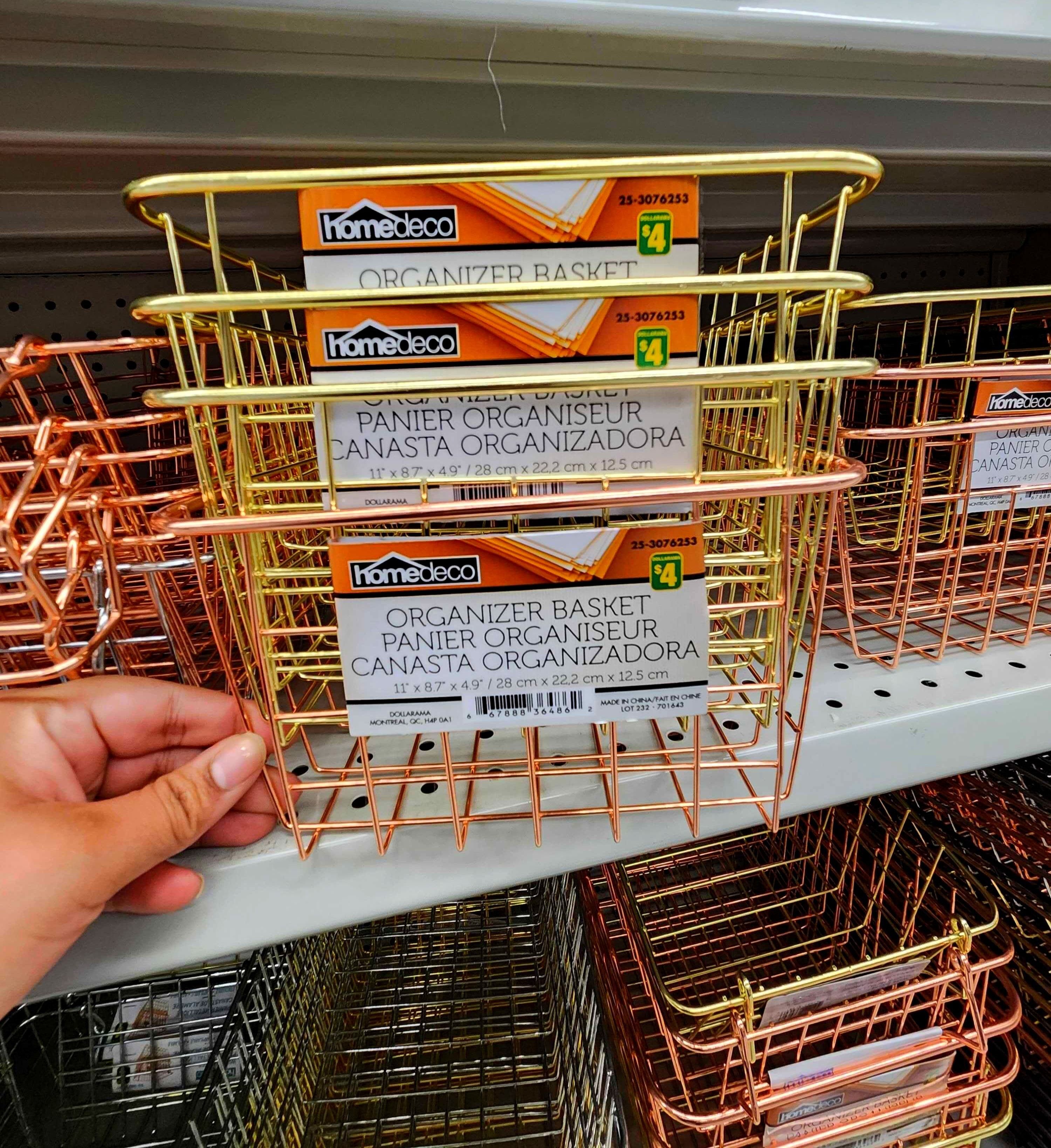 A variety of wire basket organizers.