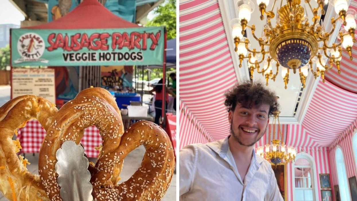 A vegan pretzel being held in front of the Sausage Party Toronto vegan food stand. Right: A person smiles at the camera from inside Rideau Hall.