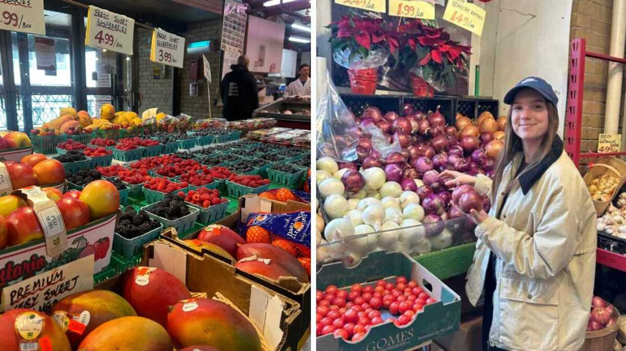 A vegetable stall at a market. Right: A woman shopping for vegetables at a market. Right: