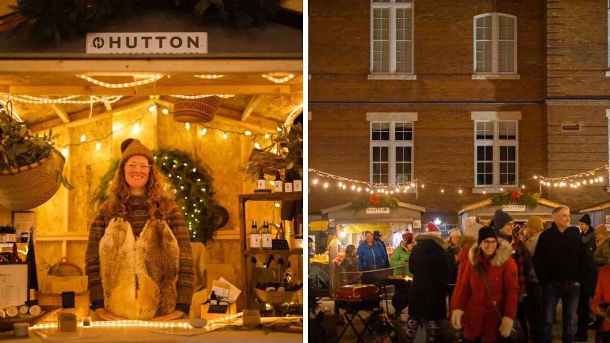 A vendor at a Christmas market. Right: A Christmas market.