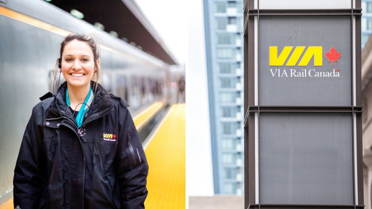 A VIA Rail employee. Right: A VIA Rail logo outside of Union Station in Toronto, Ontario.