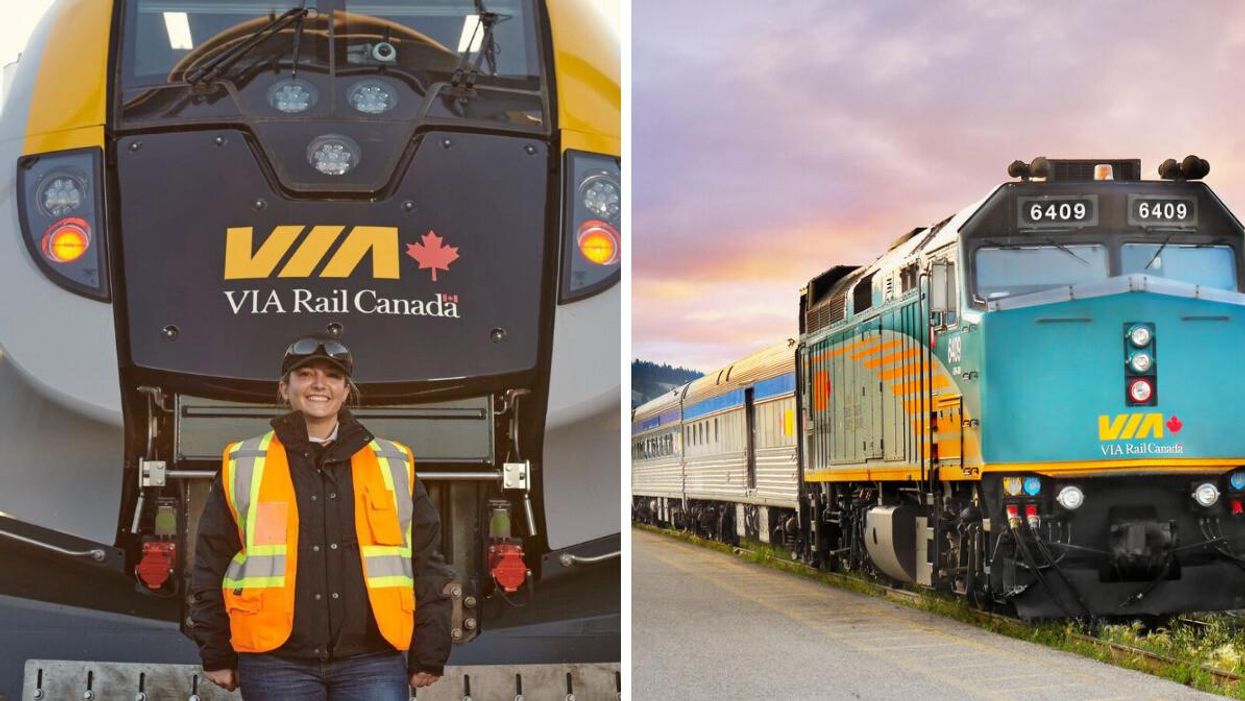 A VIA Rail employee standing in front of a train. Right: A VIA Rail train on the tracks.