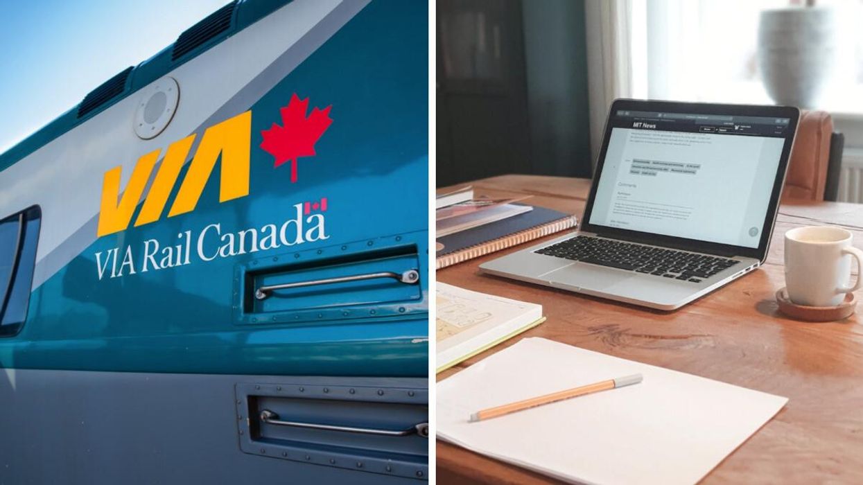 A VIA Rail train car. Right: A work-from-home setup.