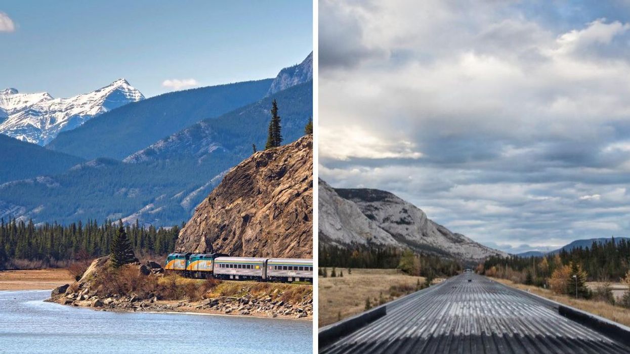 A VIA Rail train in the Rockies. Right: The view from a train travelling from Toronto to Vancouver.